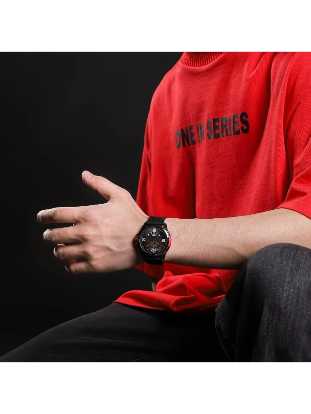 Unisex Black Red Analog Quartz Silicone Strap Military Waterproof Wrist Watch